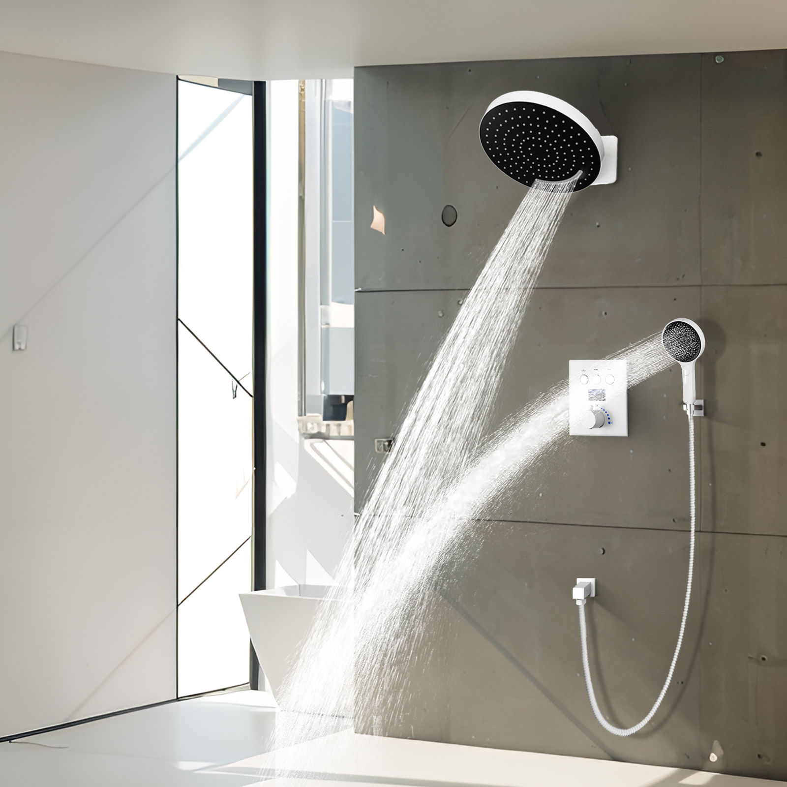 12 Inch White Simple Thermostatic Button Number Shows Water Faucet System Bathroom Massage Jet Shower Suite