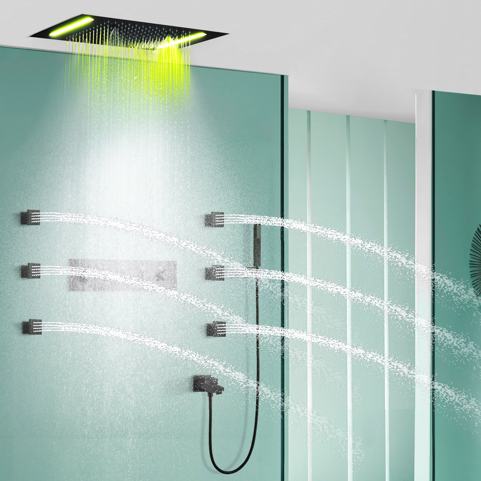 50x36cm matte black constant temperature shower system suit bathroom LED multifunctional shower system