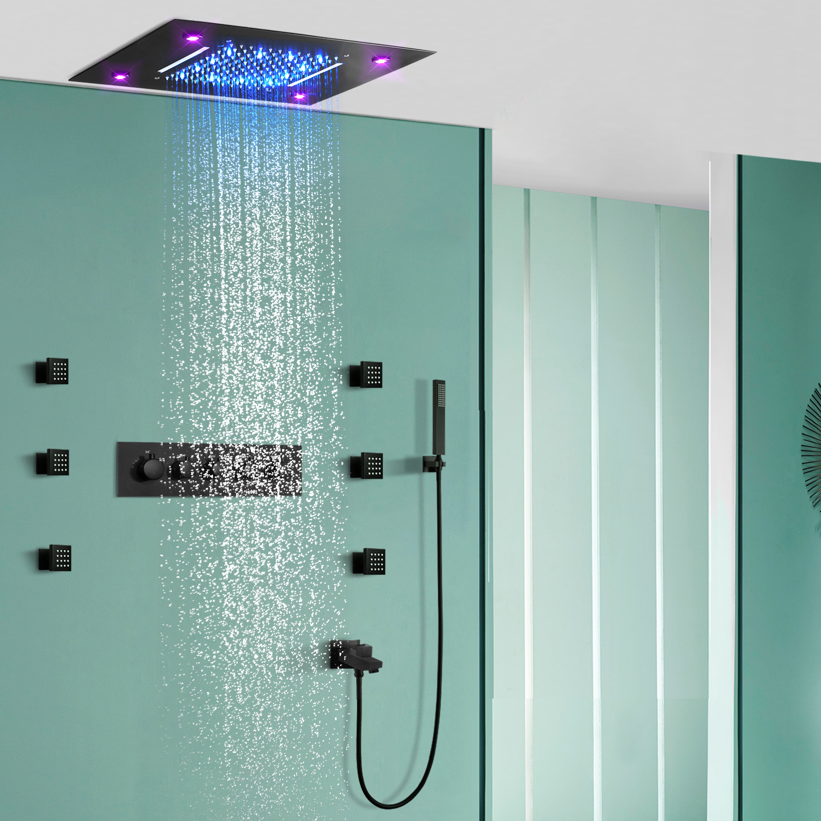 Matte Black LED Bathtub Shower System Bathroom Rain Shower Head with Handheld Combo Set