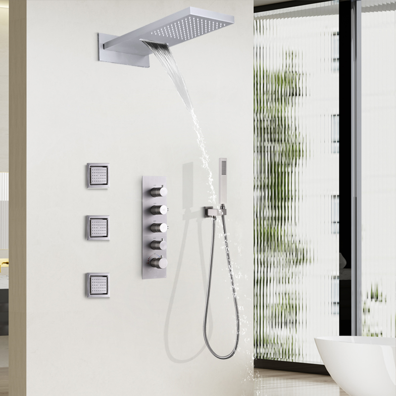 Brushed Wall Mounted Shower Faucet Bathroom Shower Mixer Set Rain Waterfall Shower Head