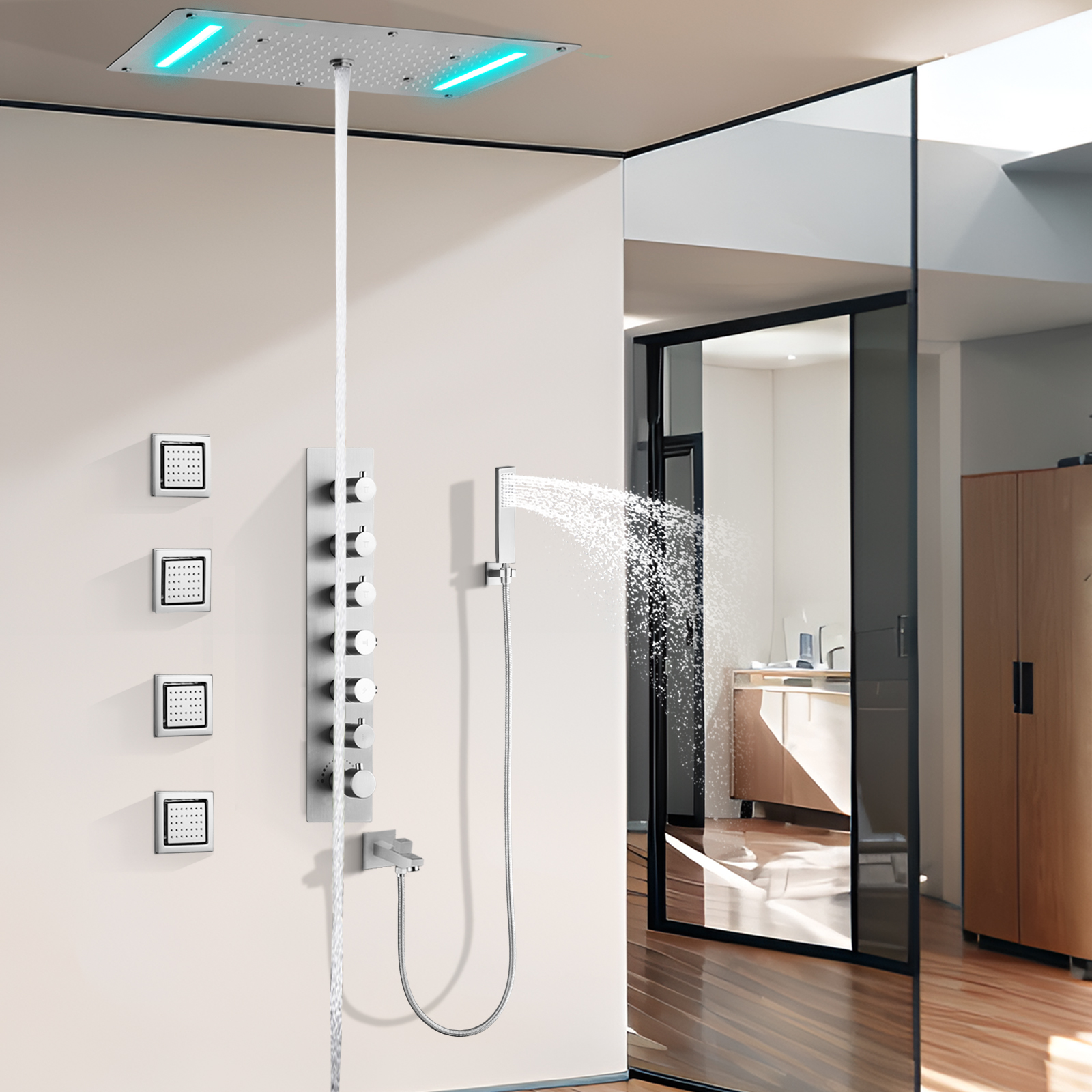 Ritting Nickel Constant Temperature Shower Head Rinse The Bathroom Modern Dark Rainfall LED Shower Panel Atomizer Spa
