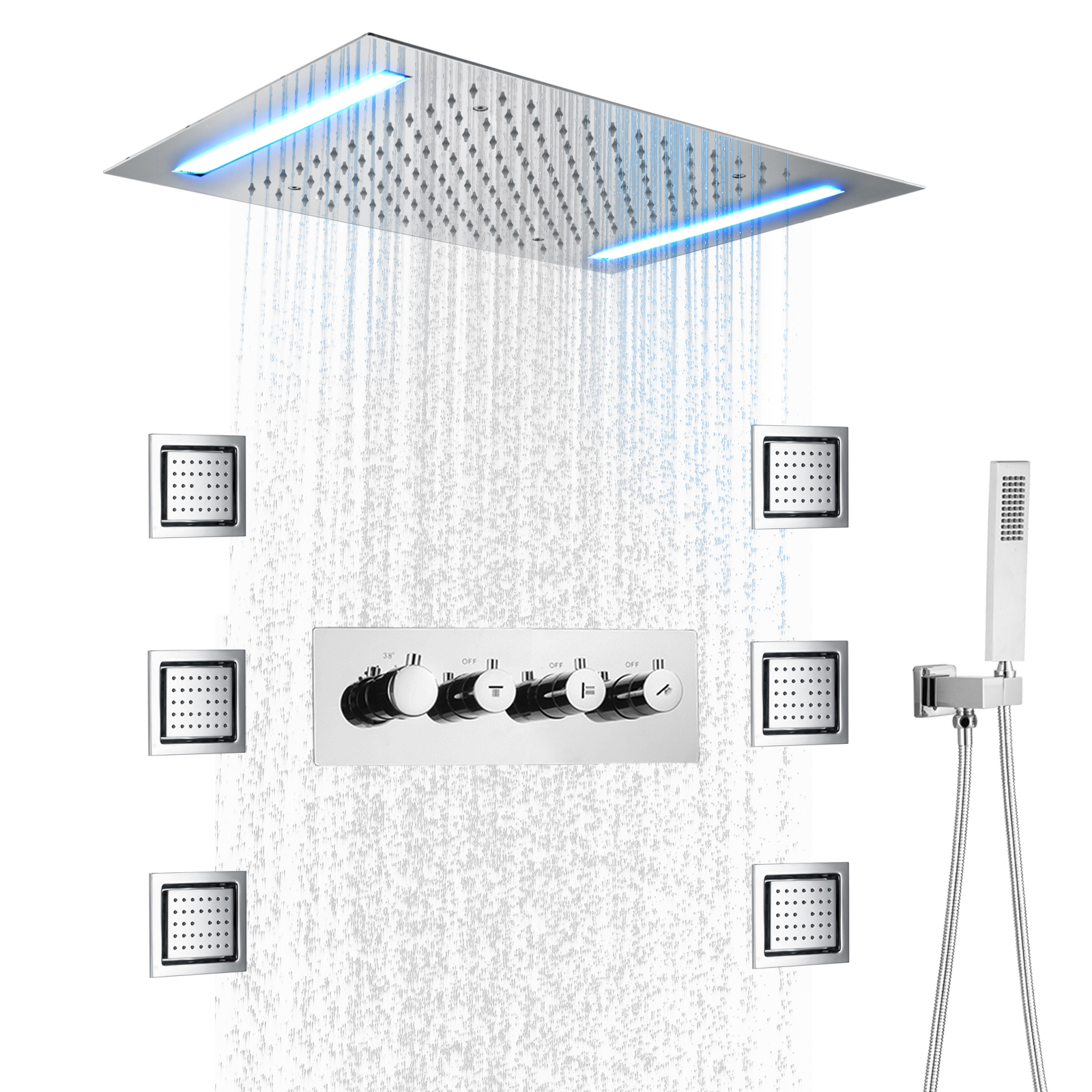Chrome -plated 50x36cm Ceiling Installation LED Square Heating Valve Rainfall Shower Water Faucet System