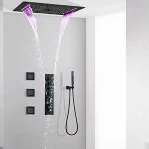 Matt Black Brass Wall Shower Faucet System Bathroom Constant Temperature Large Flow Multifunctional Rain Column Shower Head Set