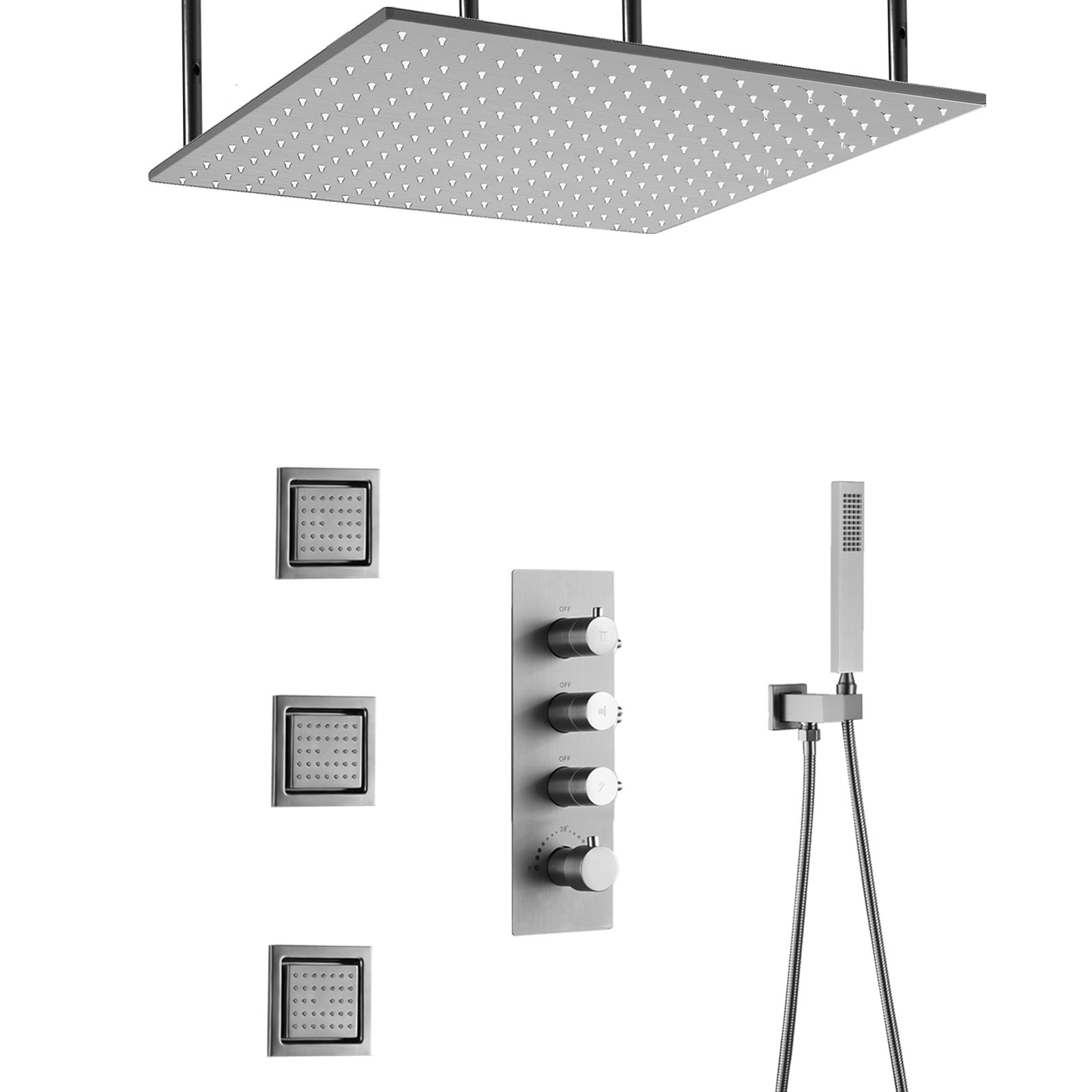 Wall-mounted Square Bathroom Shower System LED Thermostatic Shower Faucet Set Rain Shower Tub Massage Nozzle