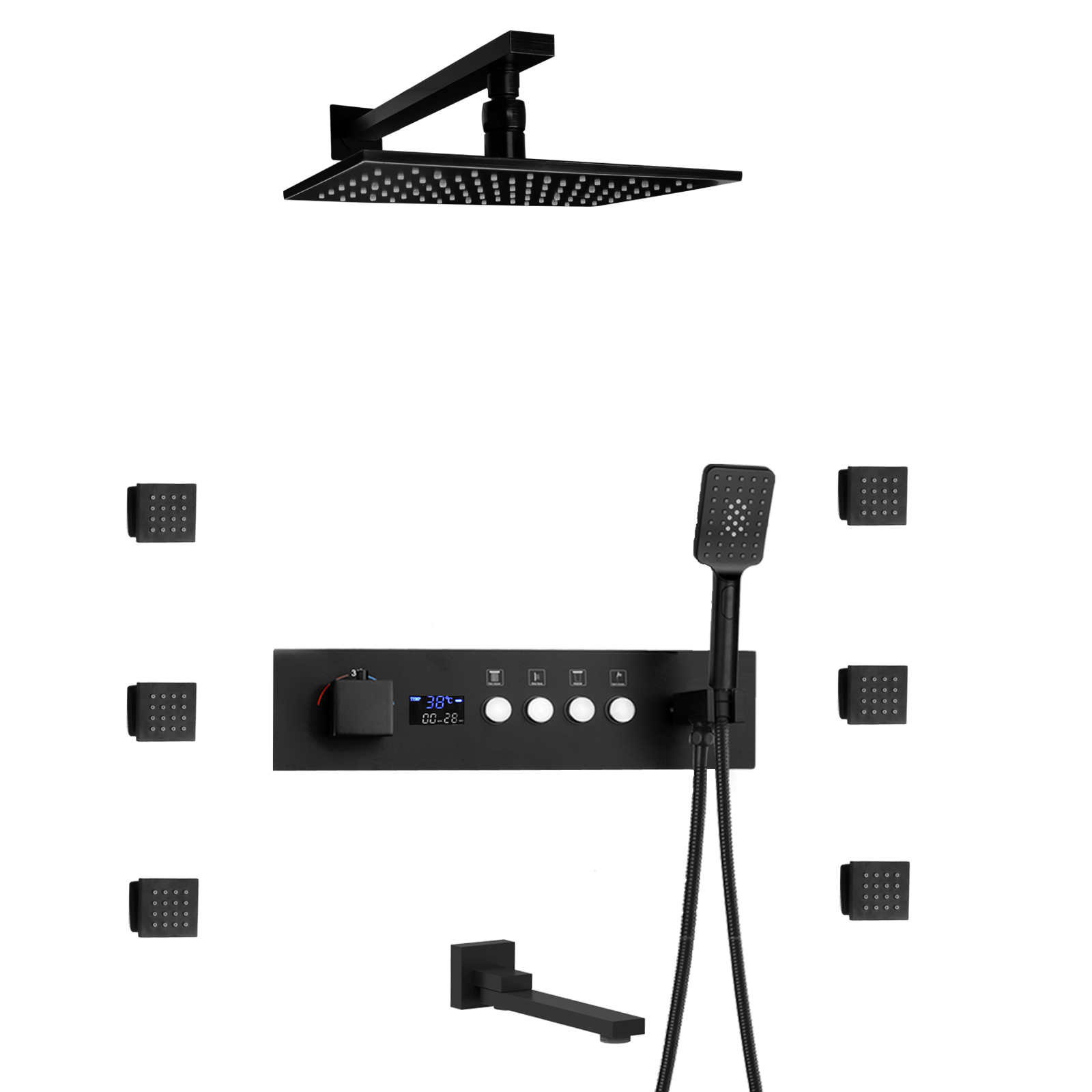 Bathroom Matte Black LED Rain Dumpy System Brass Mixer Kit Number Shows Constant Warm Warm Shower Head System