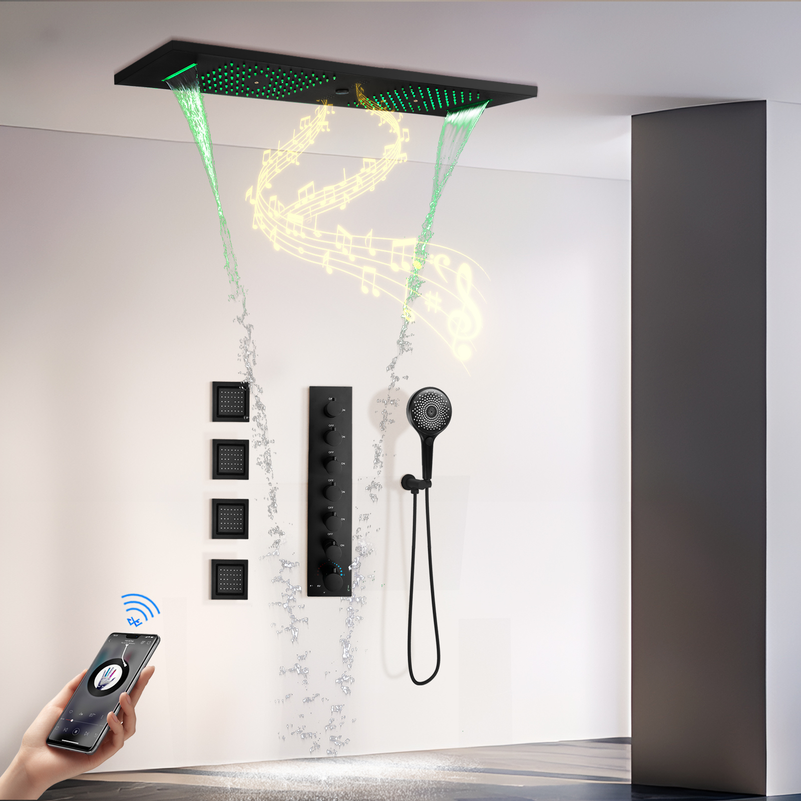 900 × 300mm Matte Black LED Shower 6 Functional Music Shower System Rain Shower Water Faucet Constant Temperature