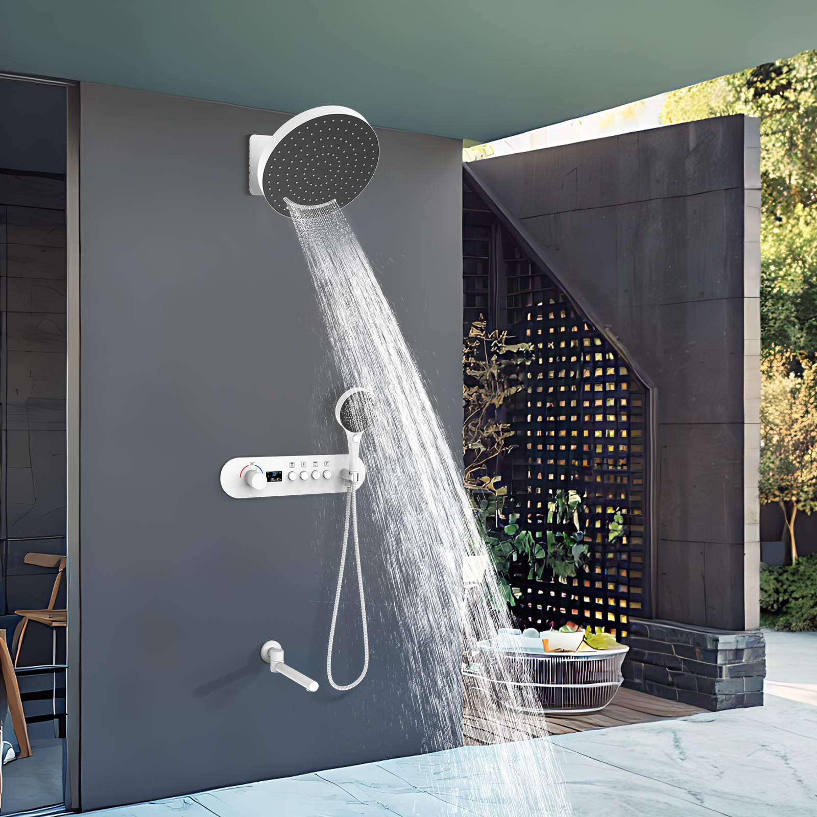 White Round Wall -mounted Rainfall And Constant Temperature Shower Mixing Valve Brings Down The Water Outlet