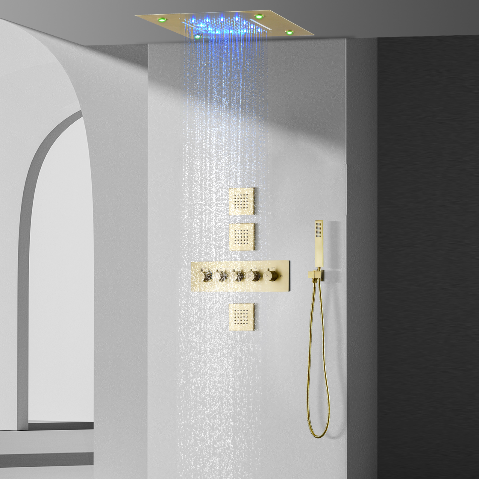 Brushed Gold Thermostatic Rain Shower System 14 X 20 Inch LED Waterfall Rainfall Shower Head Bath Mixer