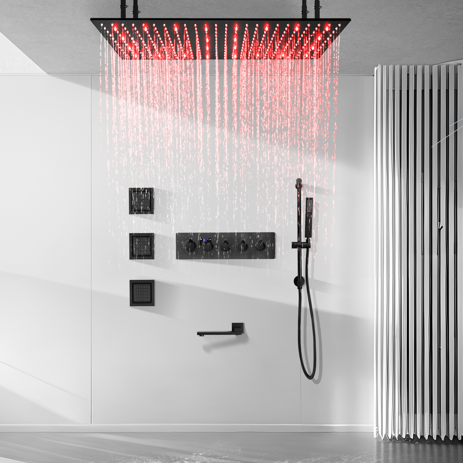 Black Wall -mounted Bathroom Large Rainwater LED Shower Head System in The Ceiling, Bring Down The Water Outlet