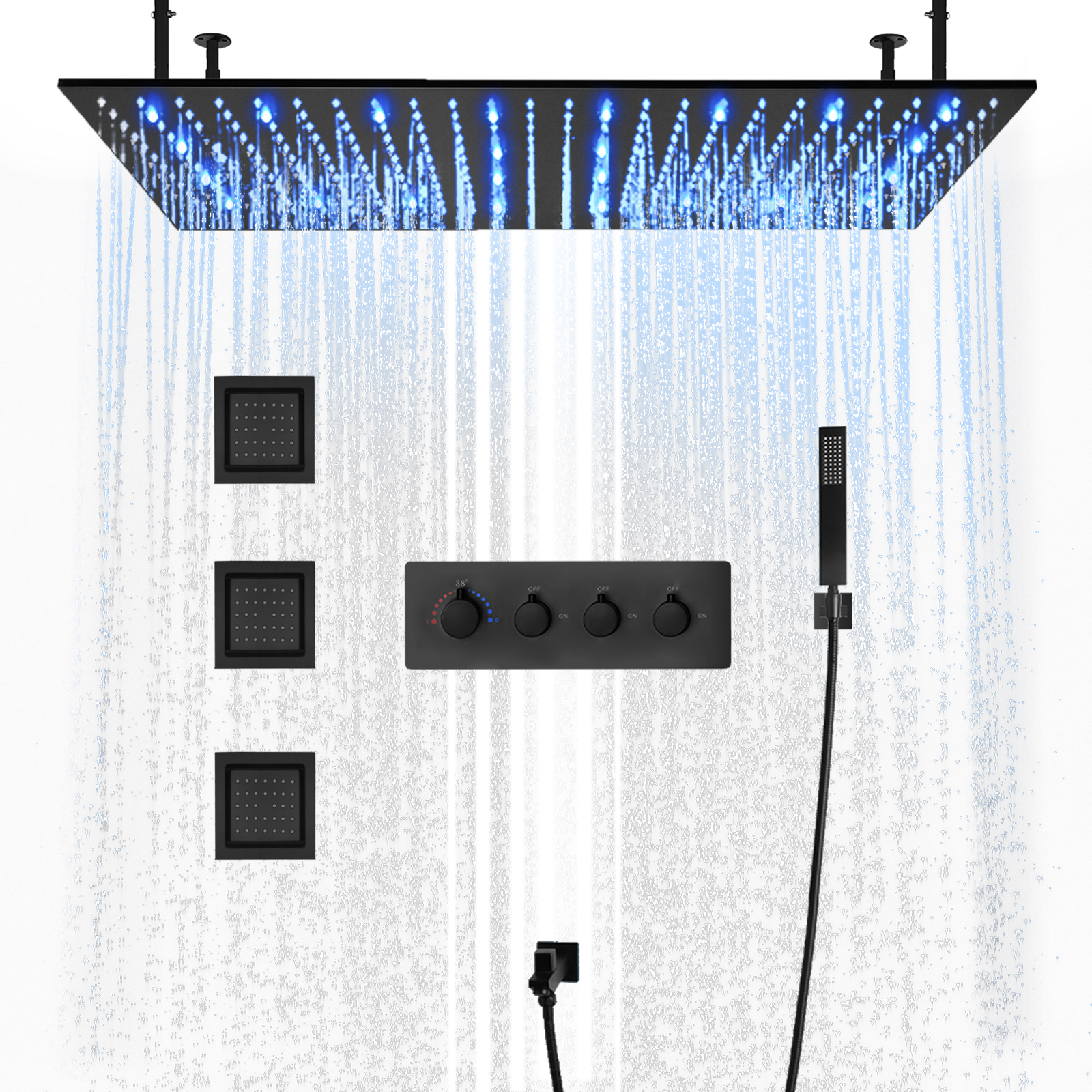 Wall -mounted Brass Matte Black 100x50cm Rainflower Shower Head System Four -function Bathroom LED Shower Kit