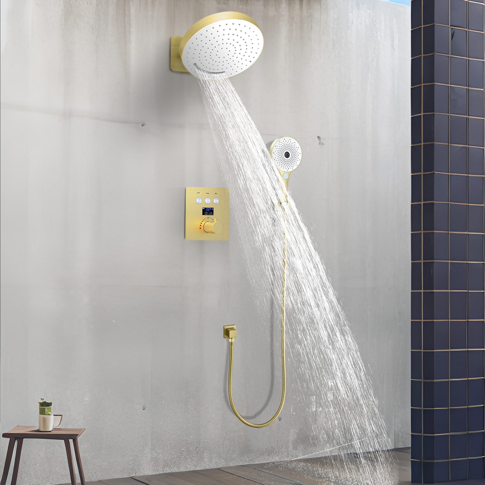 12 -inch 3 Function Circular Shower Head Constant Temperature Pull Silk Hanging Rainfall Shower System Multi -function Handheld