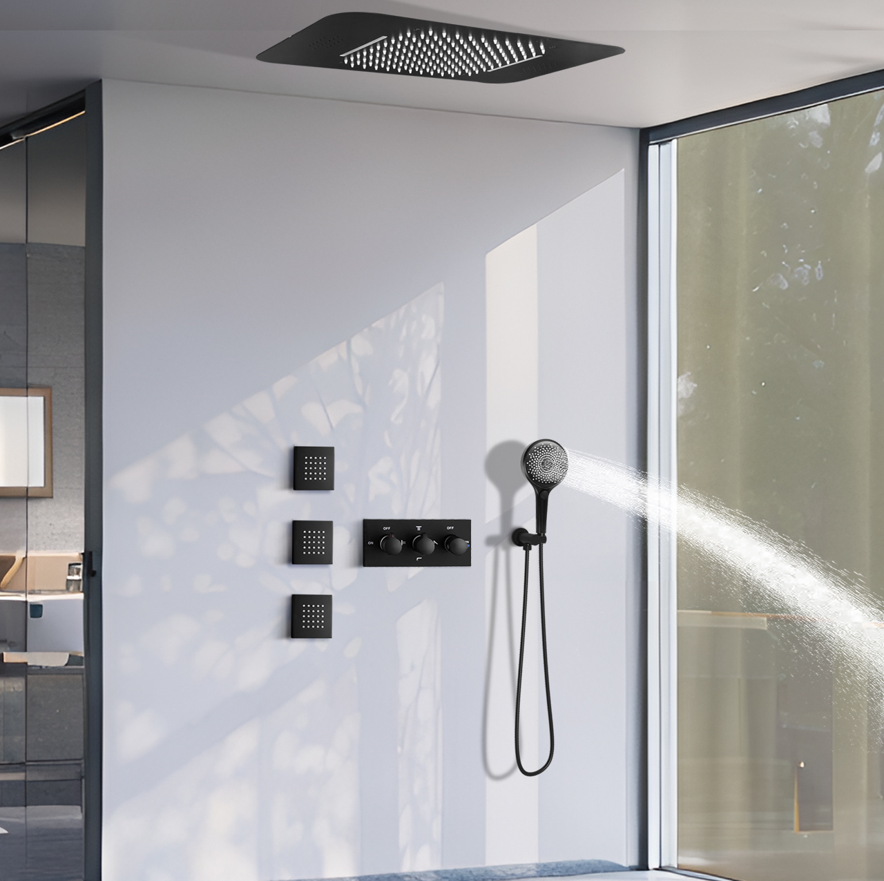 Ducky Black Dark Bathroom LED Music Rain Water Waterfall System Constant Temperature Mixed Shower Water Faucet System Jet Kit