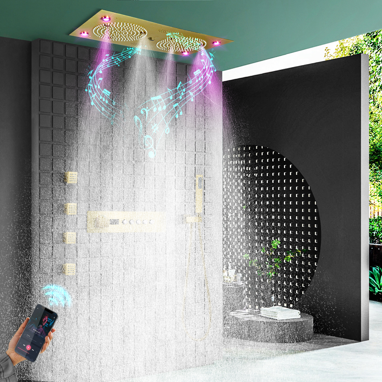 24.5x12.5 Inch Brushed Gold LED Music Shower System Set Bathroom Shower Height Temperature Water Dragon Massage Head Injection
