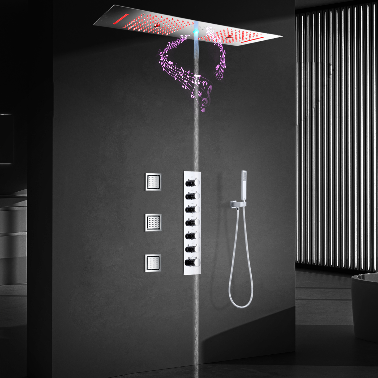 LED Chrome Polished Shower Head with Rainfall Faucet Nozzle Ceiling Recessed Bathroom Thermostatic Shower Faucet Set