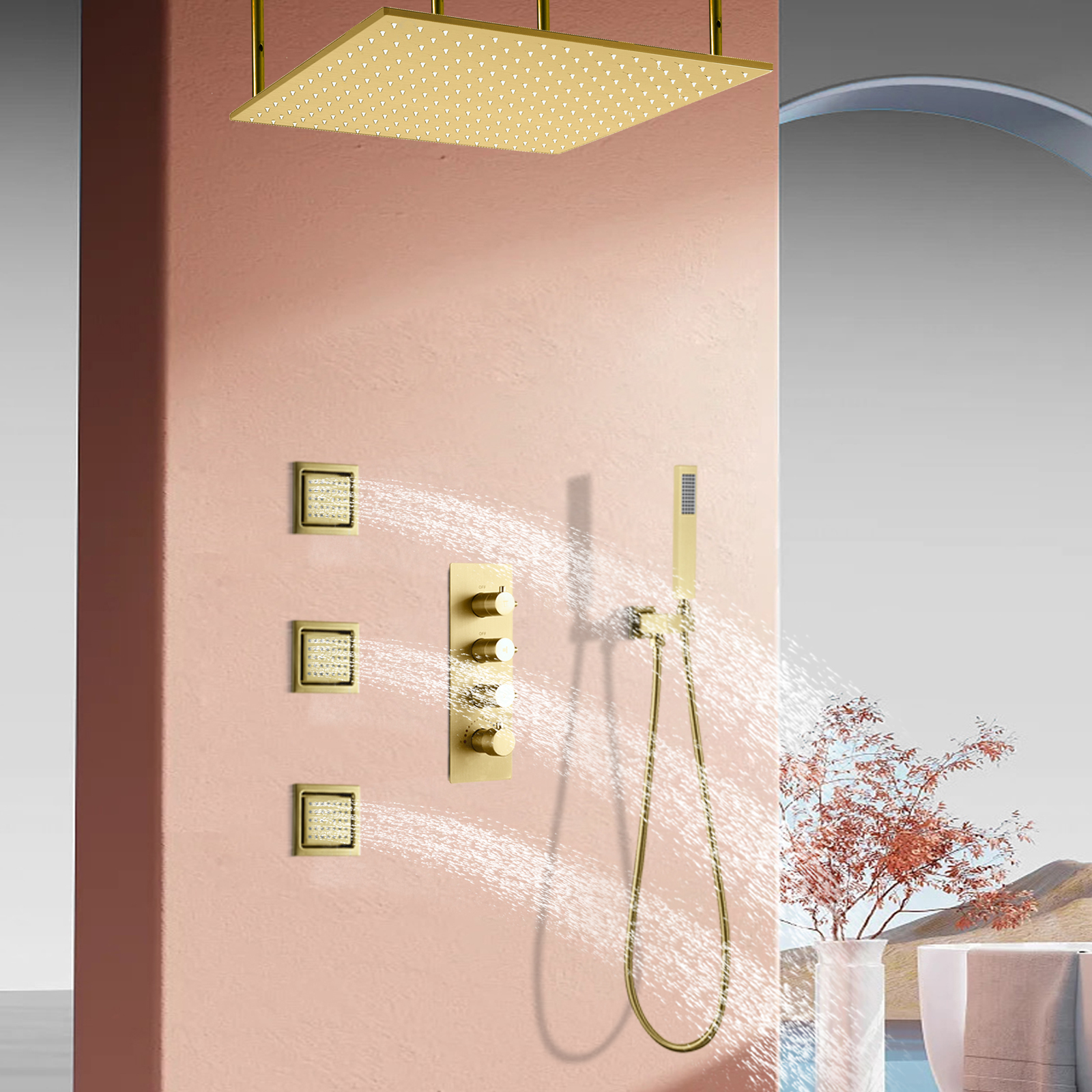 Wall Mounted Shower Bathroom Gold Concealed Shower Mixer Set With Rain Shower Head
