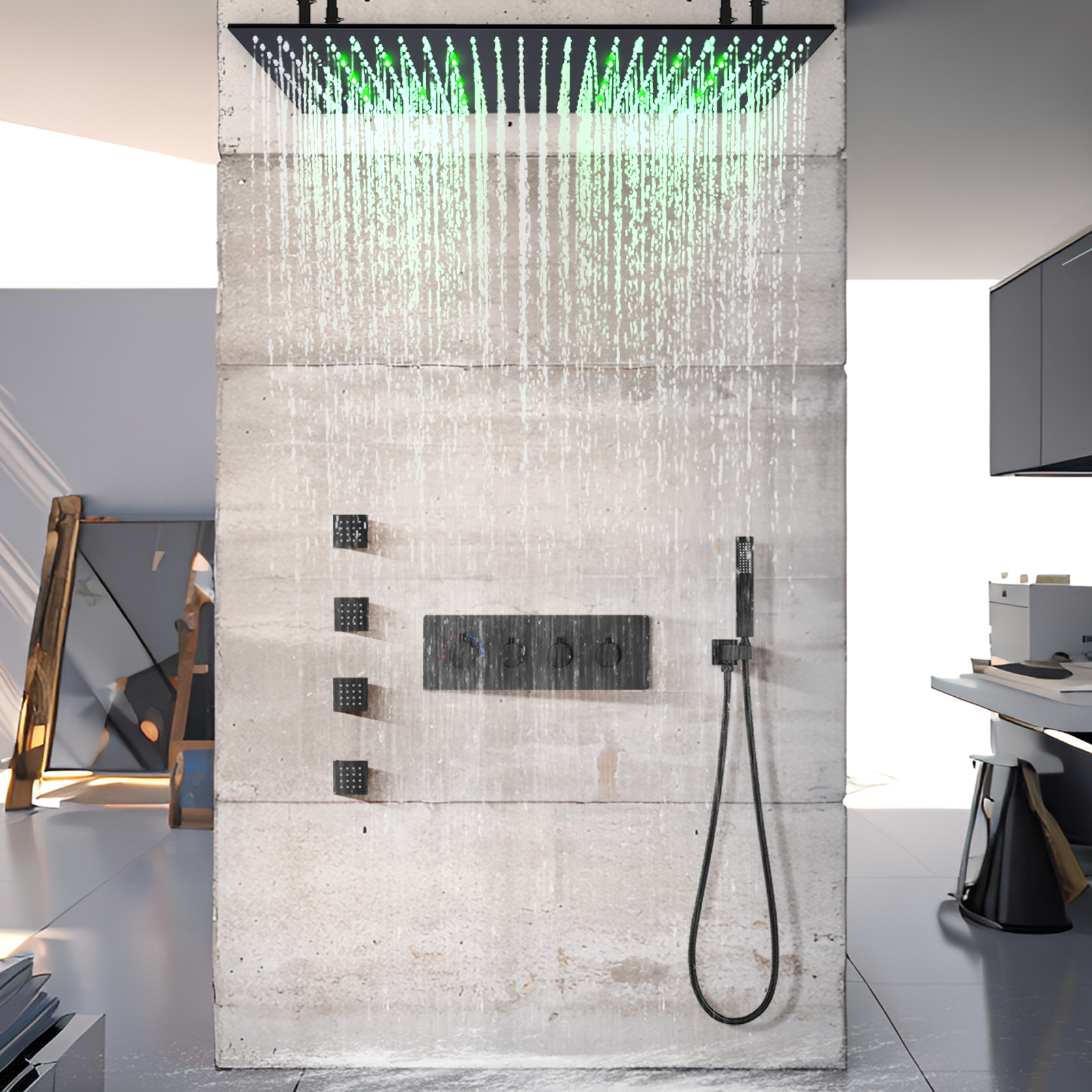 100x50cm Matte Black Constant Temperature Shower Combination Kit Wall -mounted LED Shower Head System