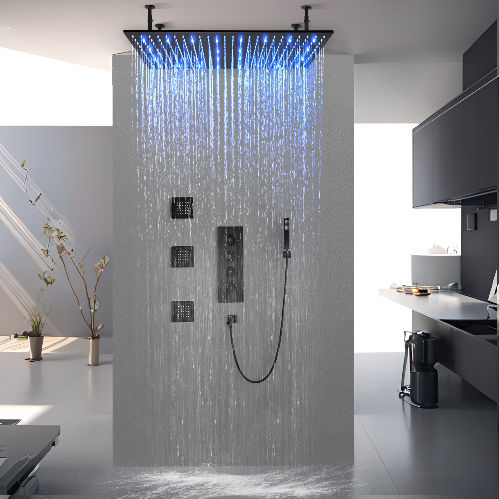 80x40cm Matte Black Bathroom Constant Temperature Ceiling LED Bathtub Dragon Head Shower System Large Shower Suit
