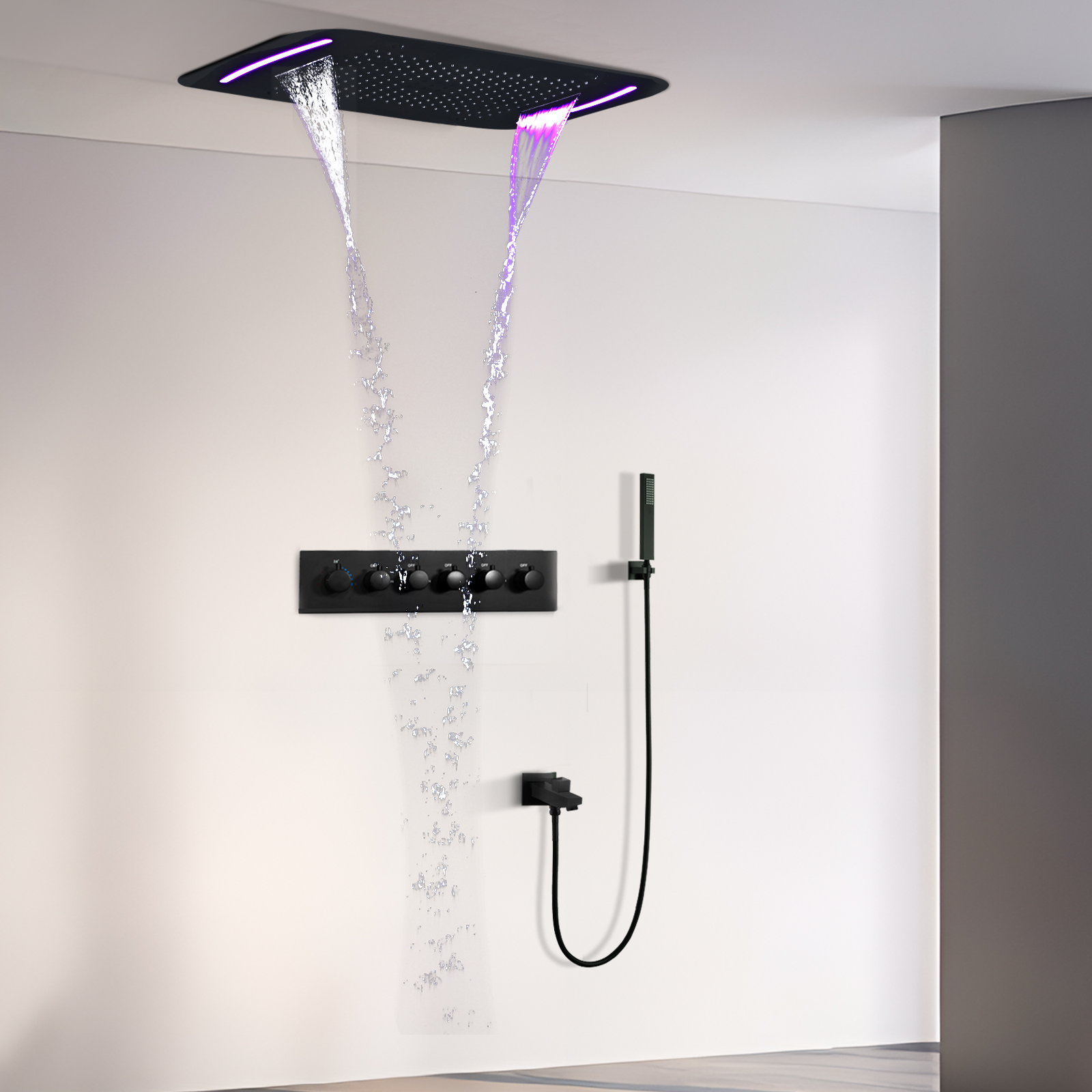 71x43cm Black LED Shower System Set with Ceiling Large Massage Constant Temperature Waterfall Rainwater Shower Head Mixer Faucet