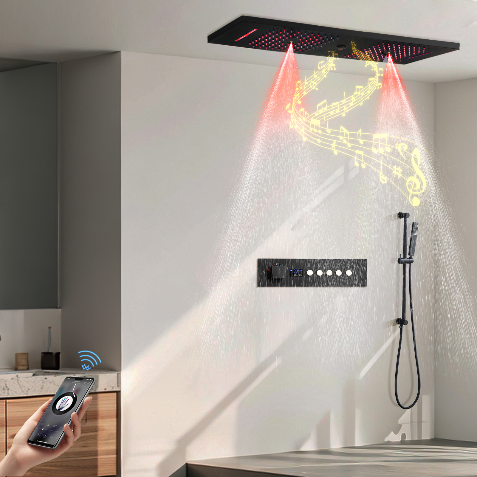 Duck Black Shower Water Faucet Panel RGB LED Shower Constant Temperature Number Showing Mixer Valve Kit