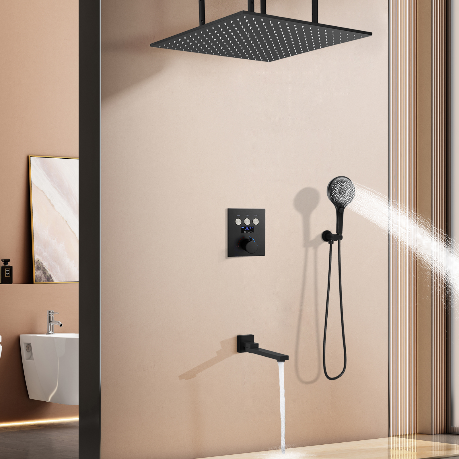 LED Temperature Number Showing Shower System Bathroom Constant Temperature Bronze Rain Shower Head Holding Combination Kit
