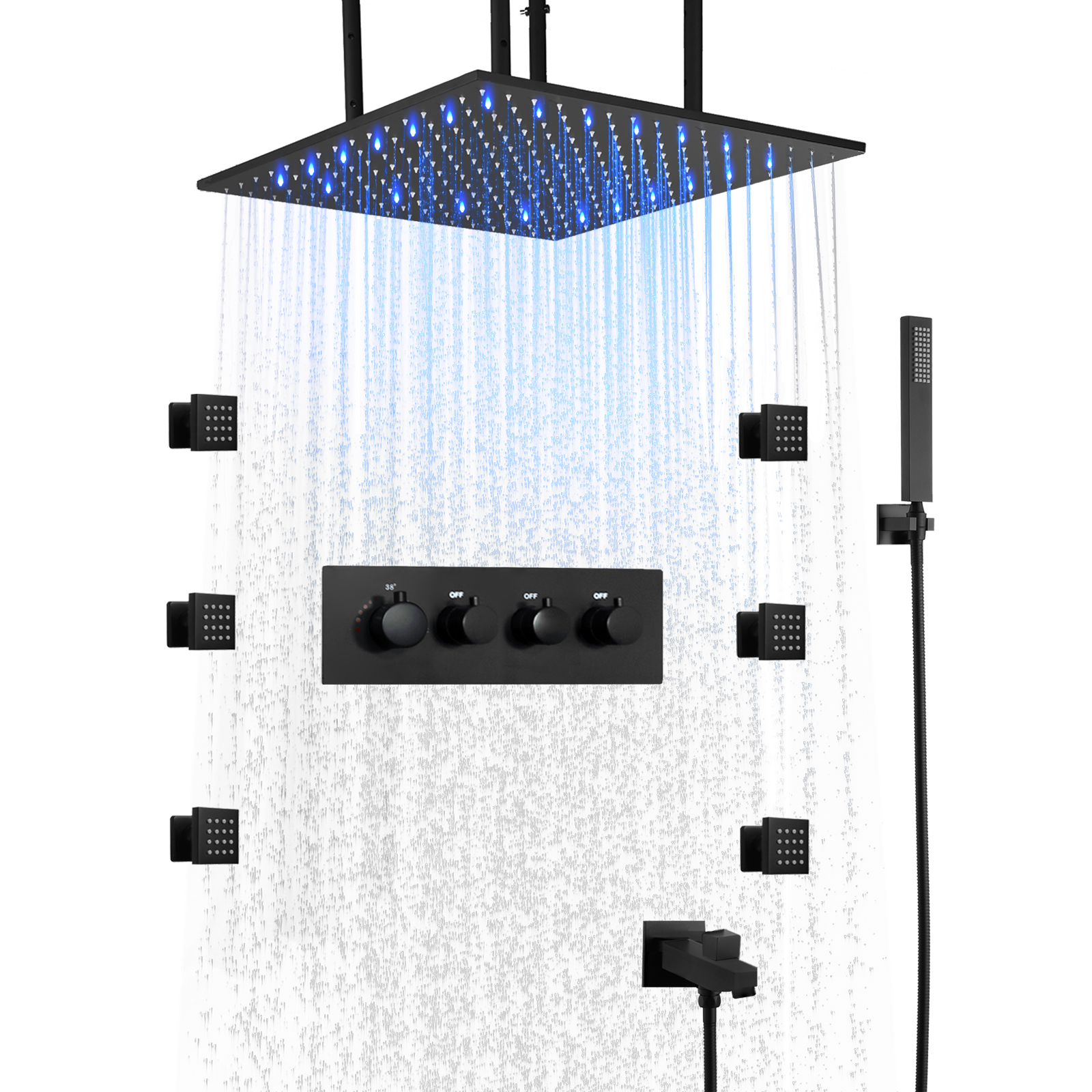 50x50cm Wall -mounted Rain Shower System with Body Spray LED Shower Fixed Device Flushing Set Shower Water Faucet