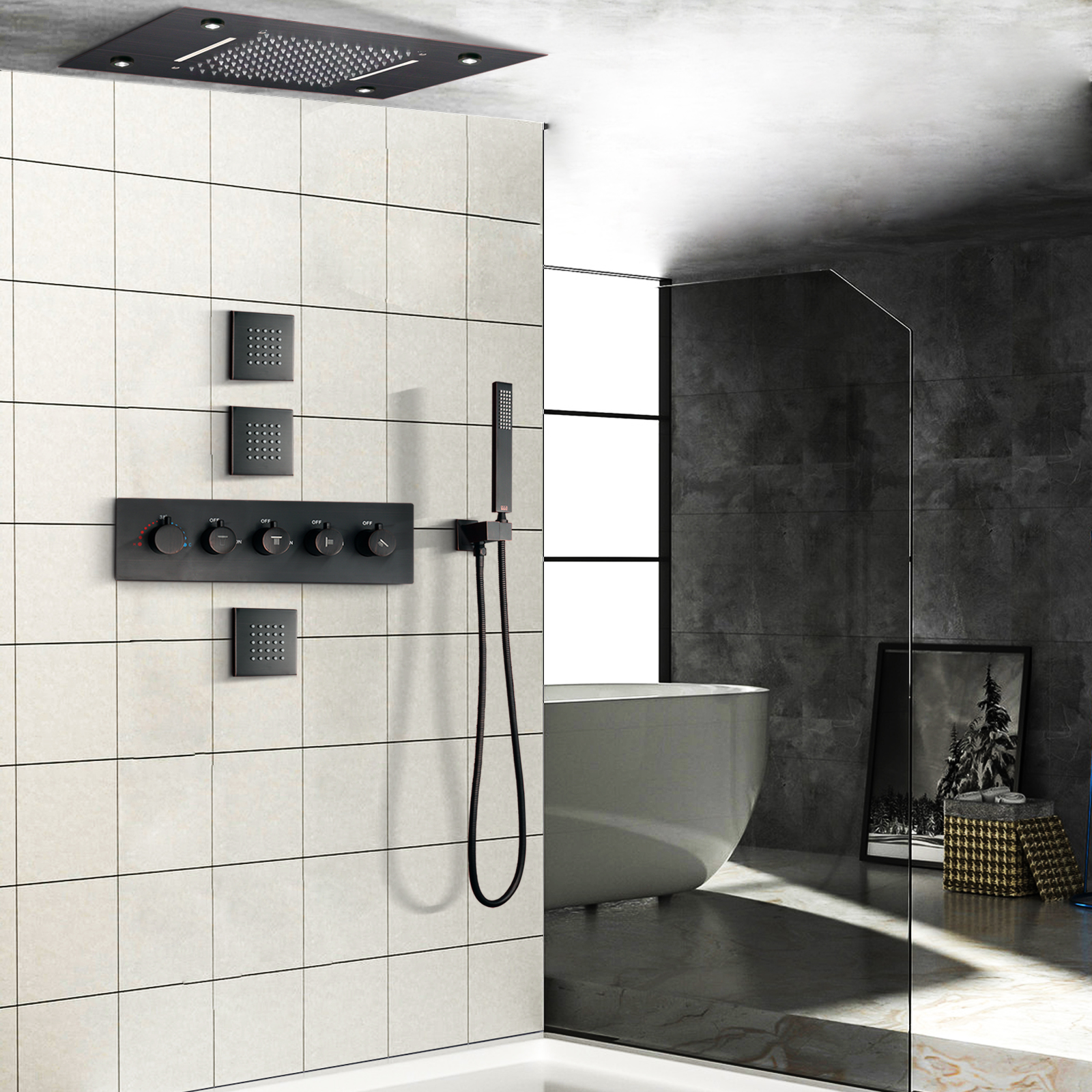 Oil Rubbed Bronze Thermostatic Shower System 50X36 CM LEDBathroom Concealed Shower Set With Spa Waterfall Rainfall