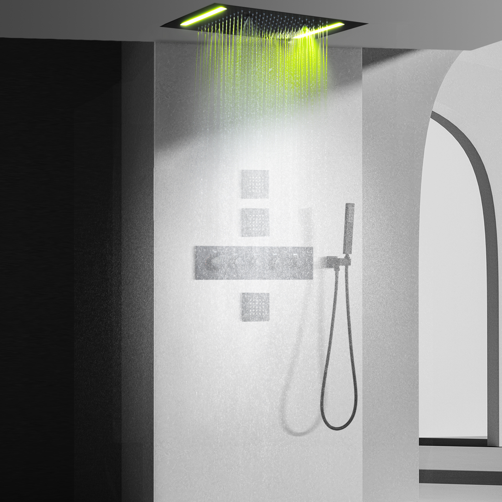 Matte Black Rain Shower System Set14 X 20 Inch Large Bathroom LED Shower Head Brass Luxury Thermostatic Faucet Message Sprayer