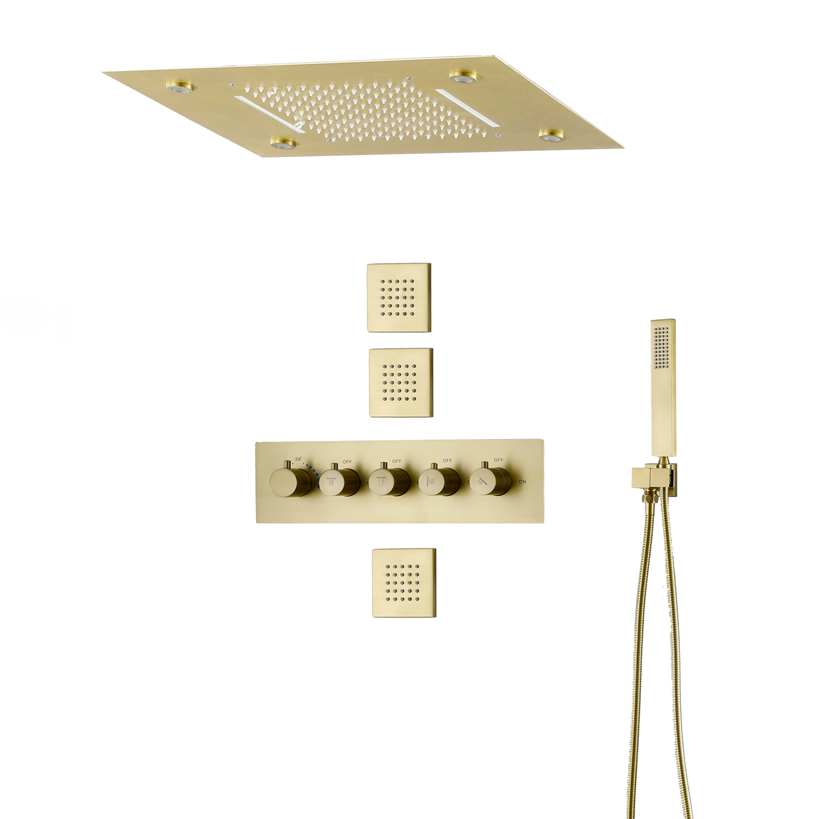 Brushed Gold Thermostatic Rain Shower System 14 X 20 Inch LED Waterfall Rainfall Shower Head Bath Mixer