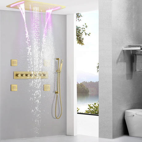 Luxury Brushed Gold Thermostatic Shower Mixer 710X430 MM LED Bathroom Waterfall Concealed Shower Head Massage Spa