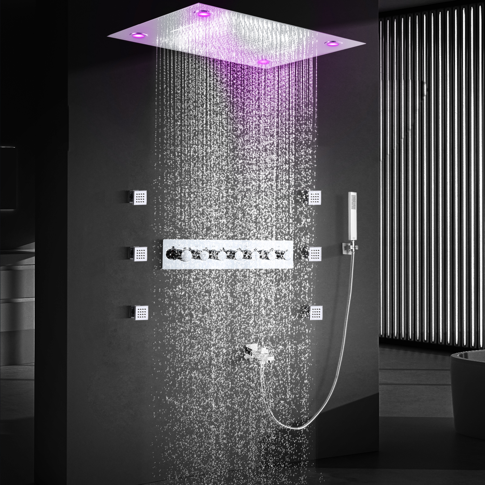 Ceiling Mounted Music Led Shower System 32*24 Inch Mist Rain & Waterfall Shower Head Bathroom Thermostatic Shower Mixer Set
