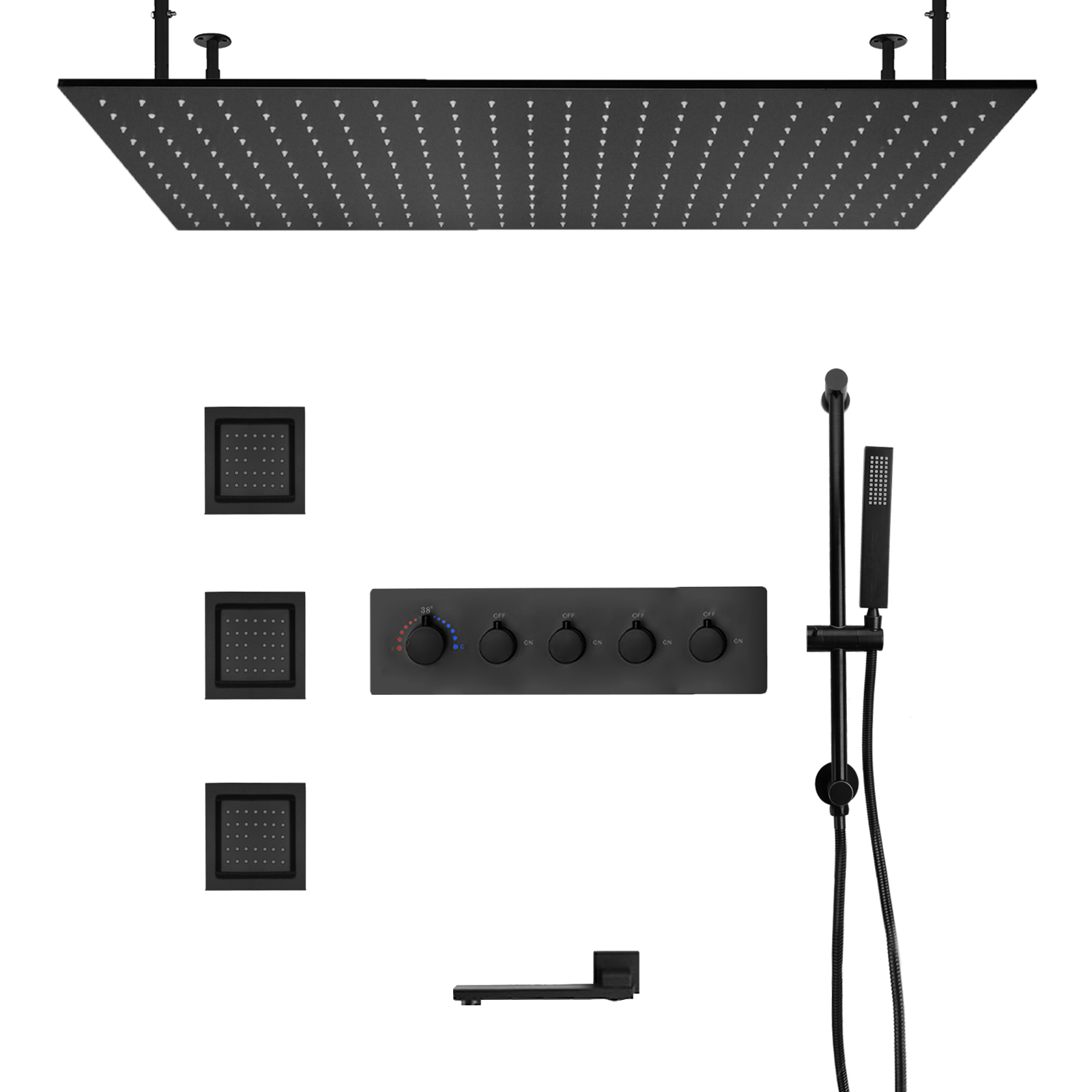 Black Wall -mounted Bathroom Large Rainwater LED Shower Head System in The Ceiling, Bring Down The Water Outlet