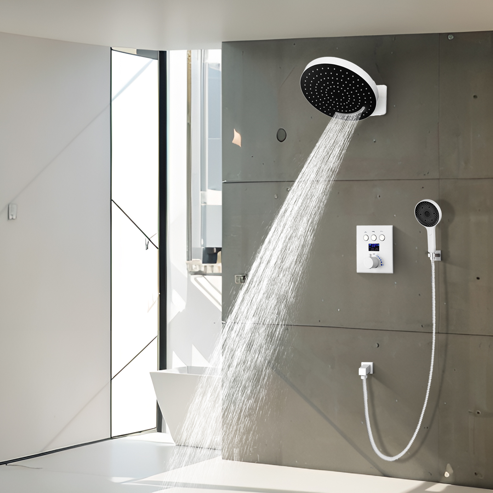 12 Inch White Simple Thermostatic Button Number Shows Water Faucet System Bathroom Massage Jet Shower Suite