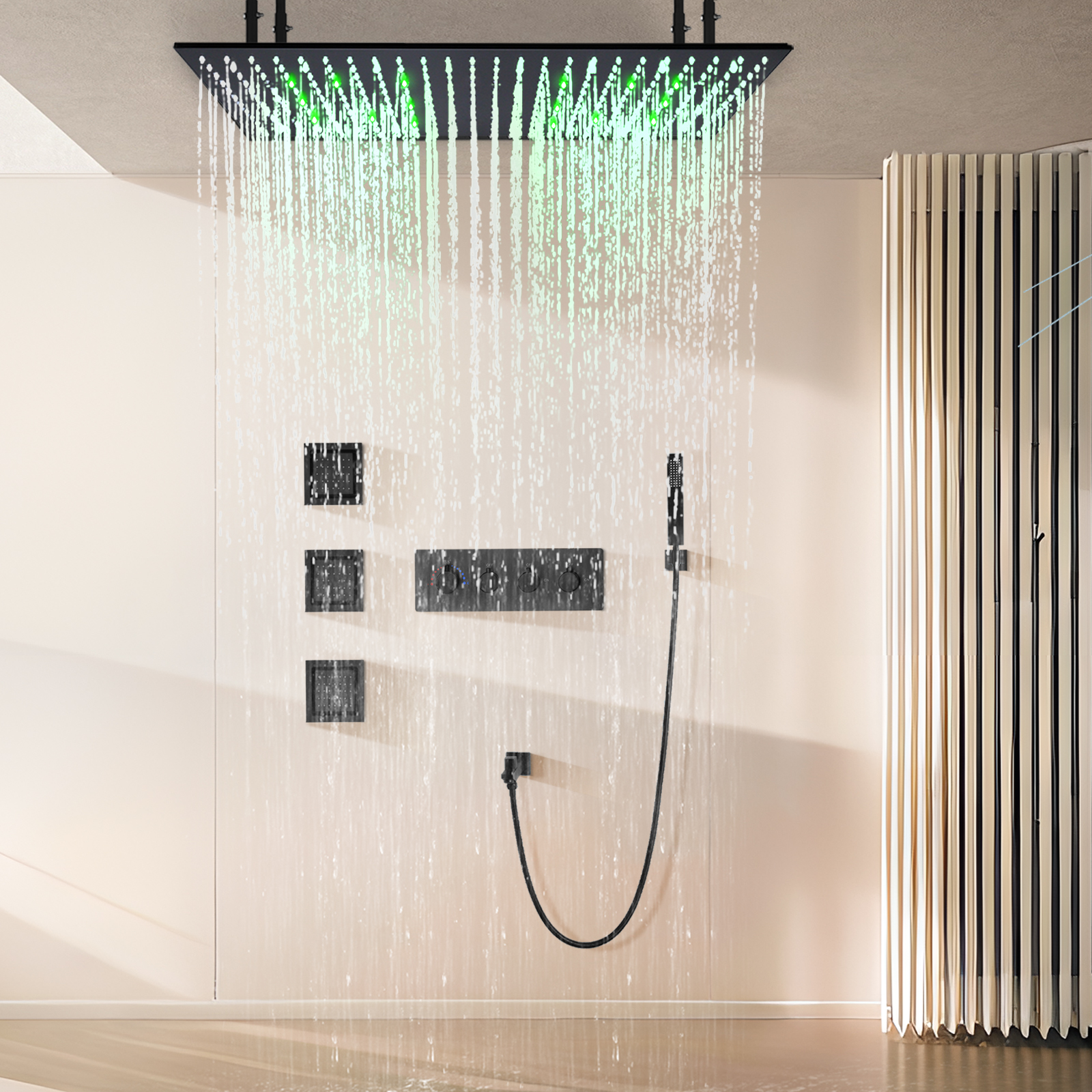 Wall -mounted Brass Matte Black 100x50cm Rainflower Shower Head System Four -function Bathroom LED Shower Kit