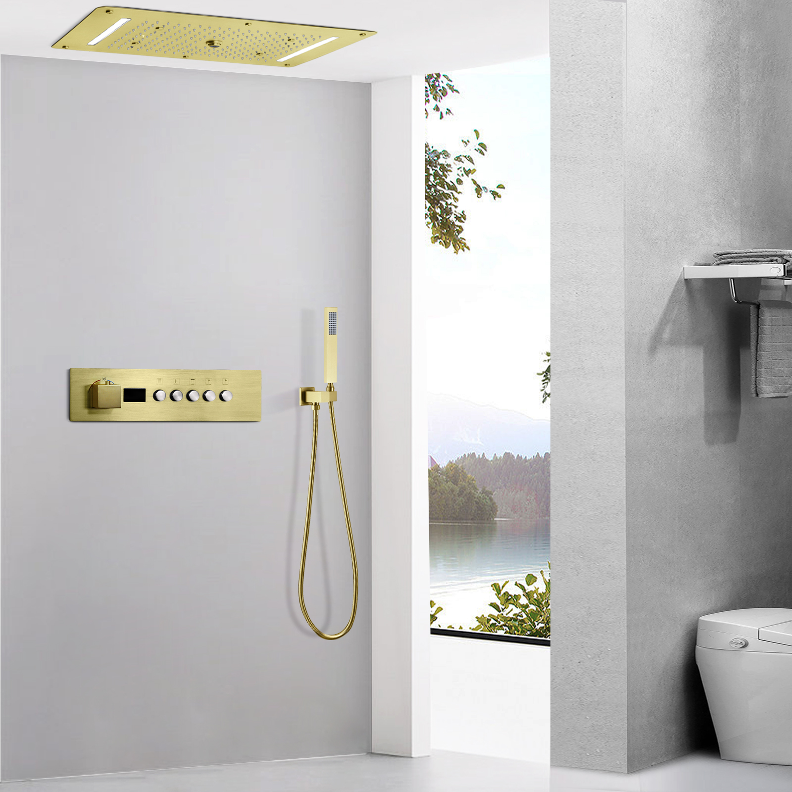 Concealed Thermostatic LED Shower System Bathroom Brushed Gold Shower Faucet Set Rain, Waterfall, Mist