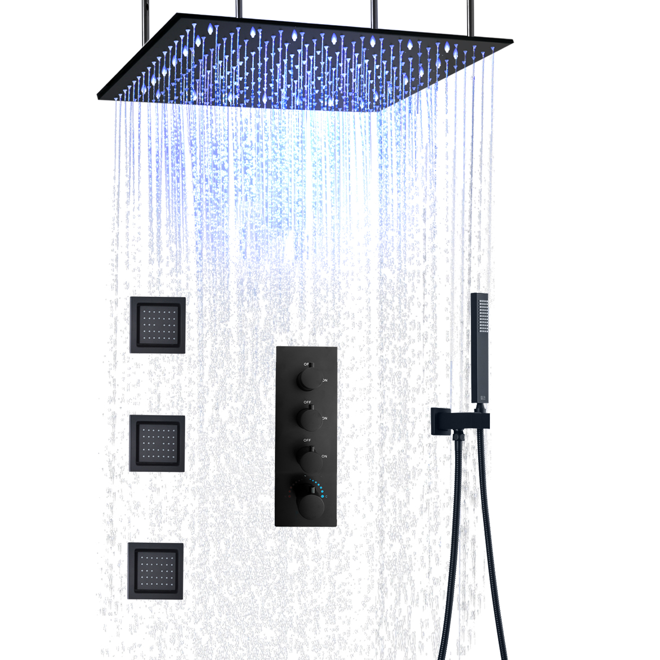 Wall-mounted Square Bathroom Shower System LED Thermostatic Shower Faucet Set Rain Shower Tub Massage Nozzle