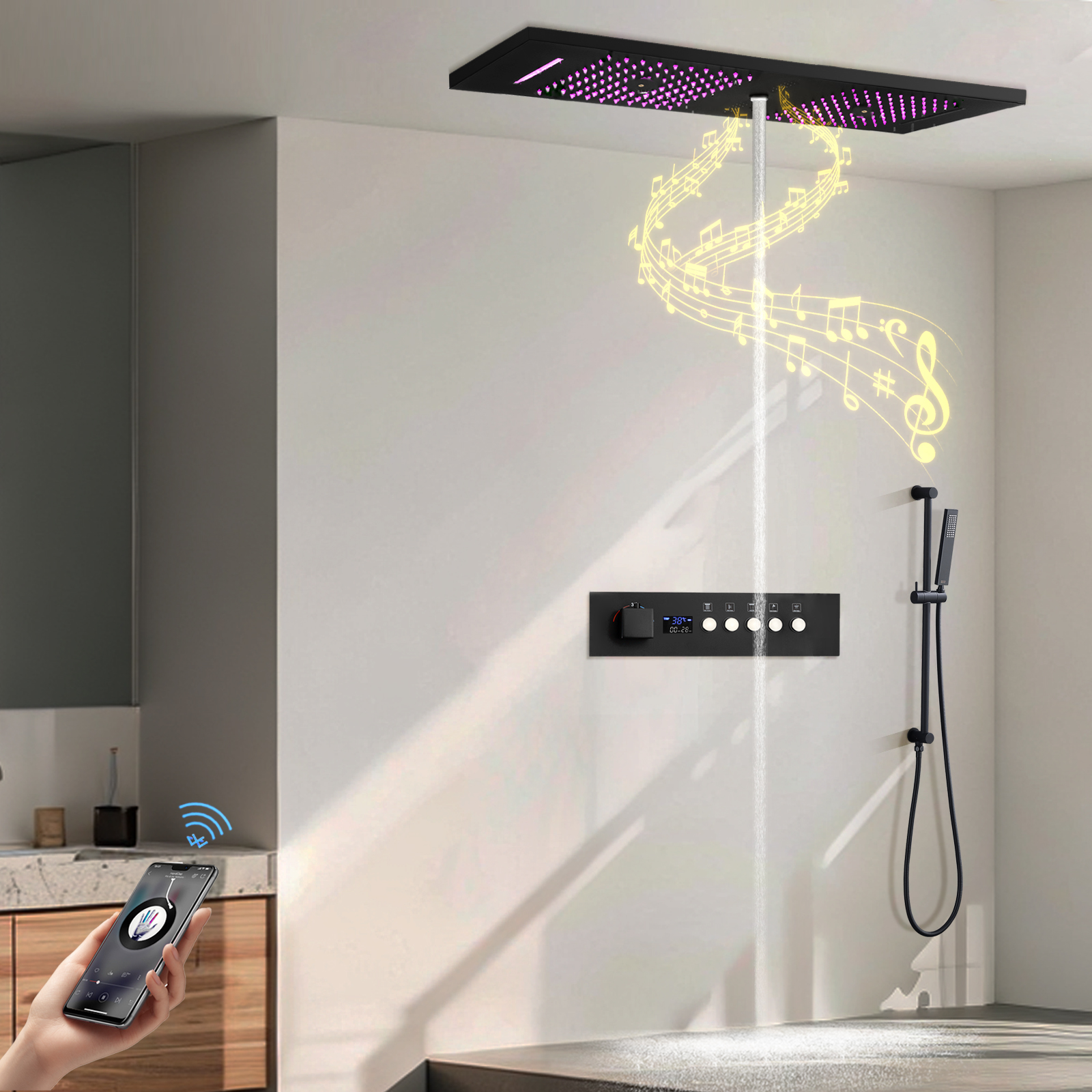 Duck Black Shower Water Faucet Panel RGB LED Shower Constant Temperature Number Showing Mixer Valve Kit