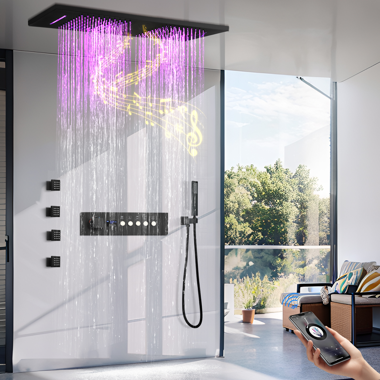 Ceiling Music Player Black Dark Driving Show Set Bathroom Bathroom Multifunctional LED Rainwater Remaining System Band Bottills