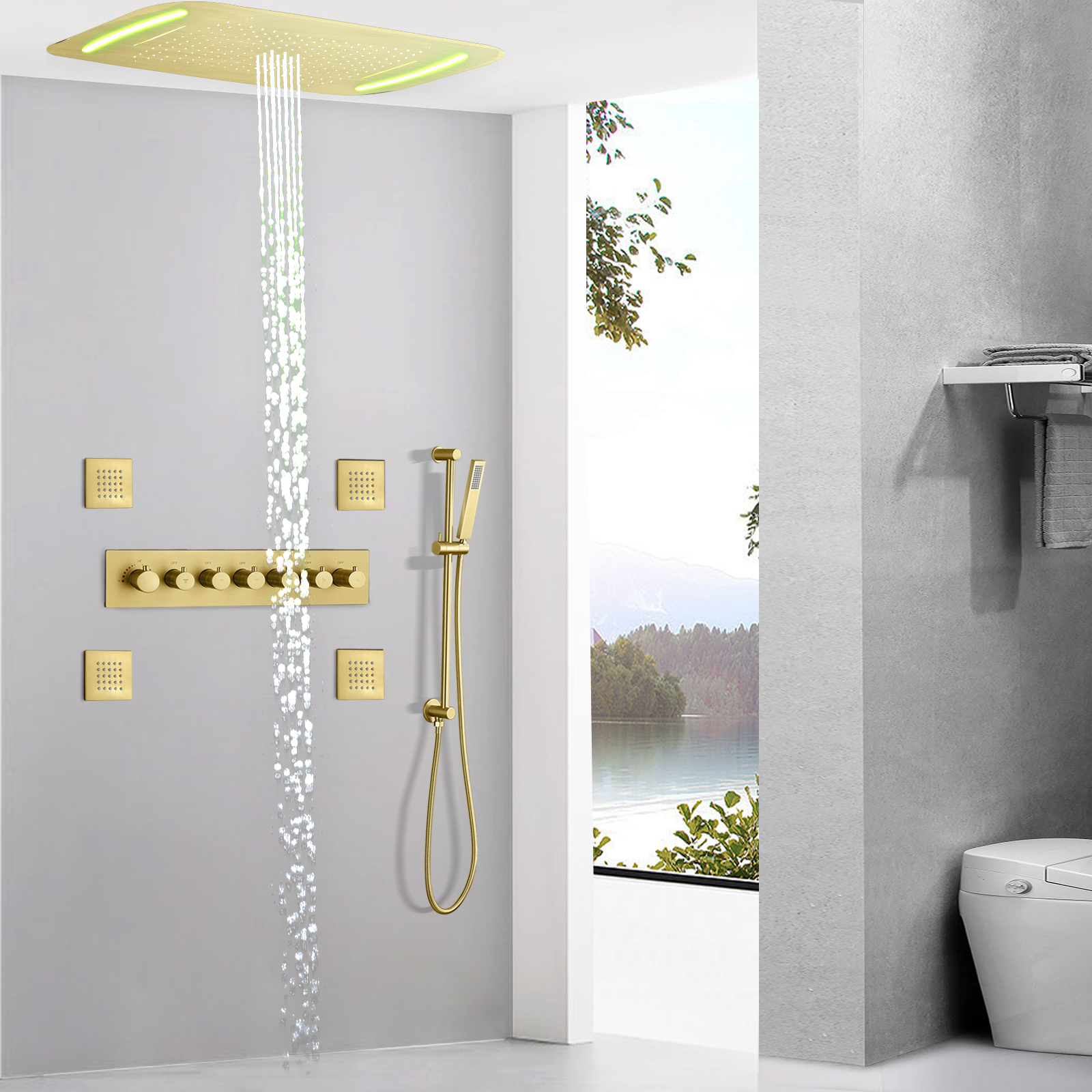 Luxury Brushed Gold Thermostatic Shower Mixer 710X430 MM LED Bathroom Waterfall Concealed Shower Head Massage Spa