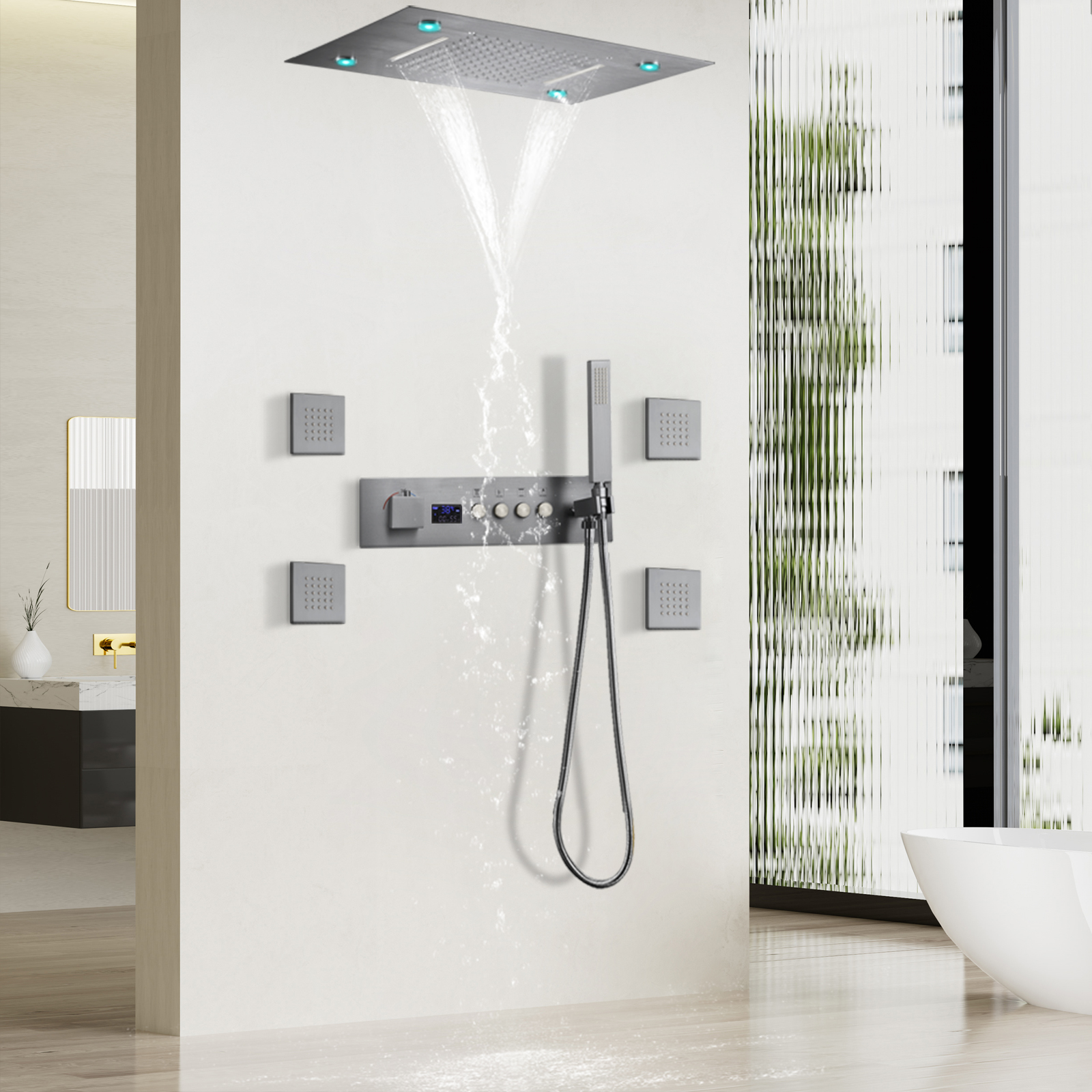 Gray Gray Modern Style 4+1 Bathroom Hennight Shower System Waterfall Rain