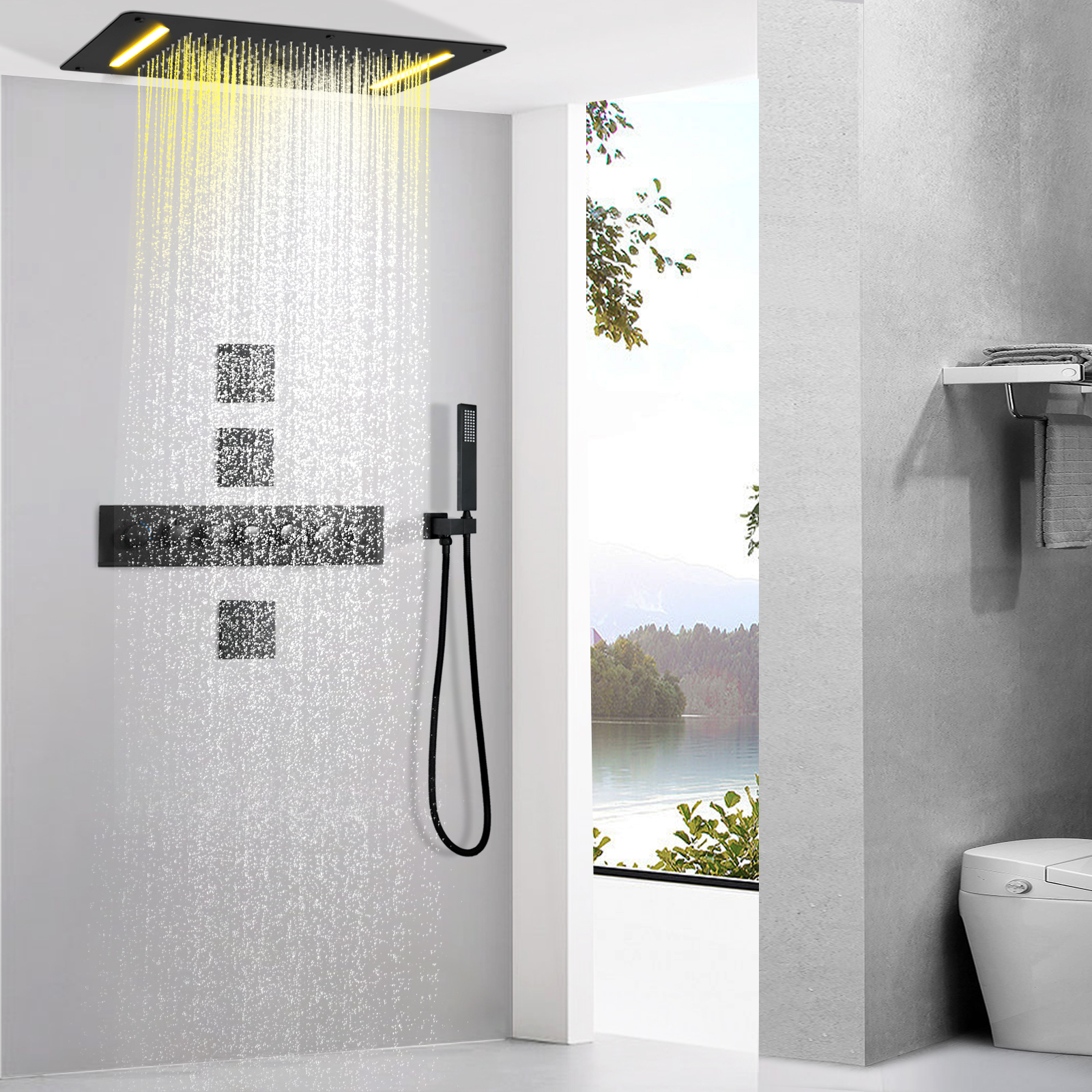 Matte Black Thermostatic Rain Shower System With 700X380 MM LED Ceil Mounted Stainless Steel Shower Head