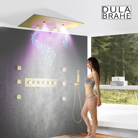 Luxury Bathroom Shower System 24*32 Inch Led Shower Head With Music Speaker Mist Rain And Waterfall Thermostatic Shower Set