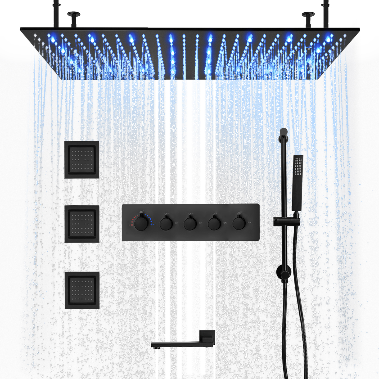Black Wall -mounted Bathroom Large Rainwater LED Shower Head System in The Ceiling, Bring Down The Water Outlet