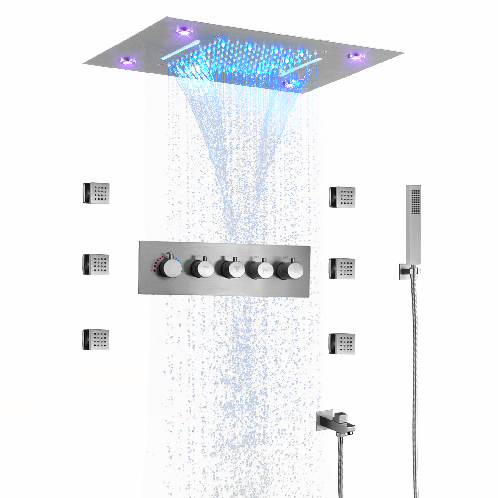 Brushed Constant Temperature Rain Waterfall Bathroom Shower System Remote Control LED Concealed Hidden Nozzle Massage Shower Set