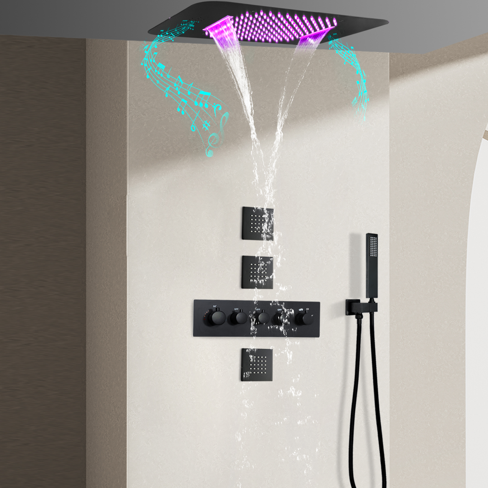 Black Music Multifunctional Bathtub Thermostat Faucet LED Shower Set with Hand Shower
