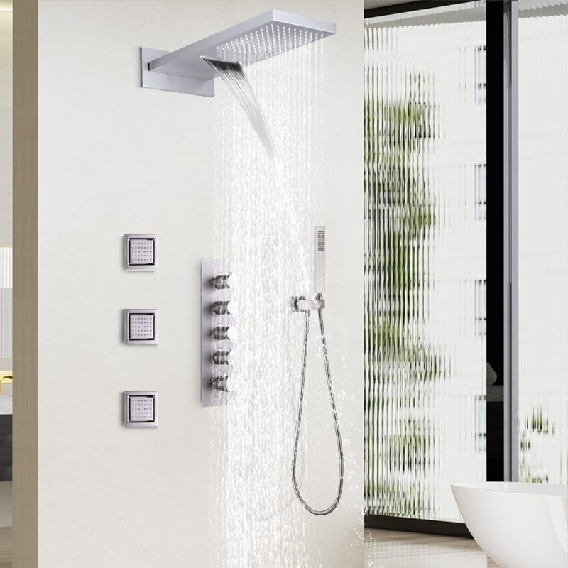 Brushed Wall Mounted Shower Faucet Bathroom Shower Mixer Set Rain Waterfall Shower Head