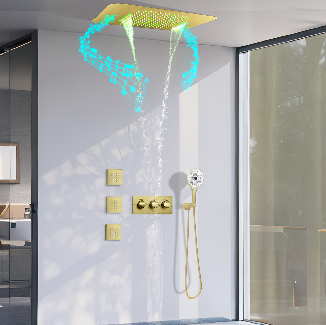 Modern Ceiling Bathroom LED Music Rain Jet Kit System Hidden Constant Temperature Shower Water Faucet System Jet Kit