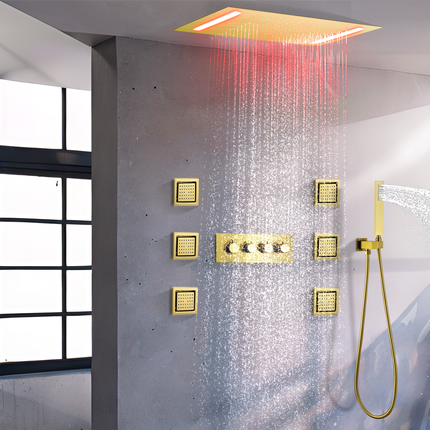 Bathton Water Faucet 50x36cm Ceiling Installation LED Rain Forest Massage Flushing Set Constant Thermostatic Valve Hybrid Water