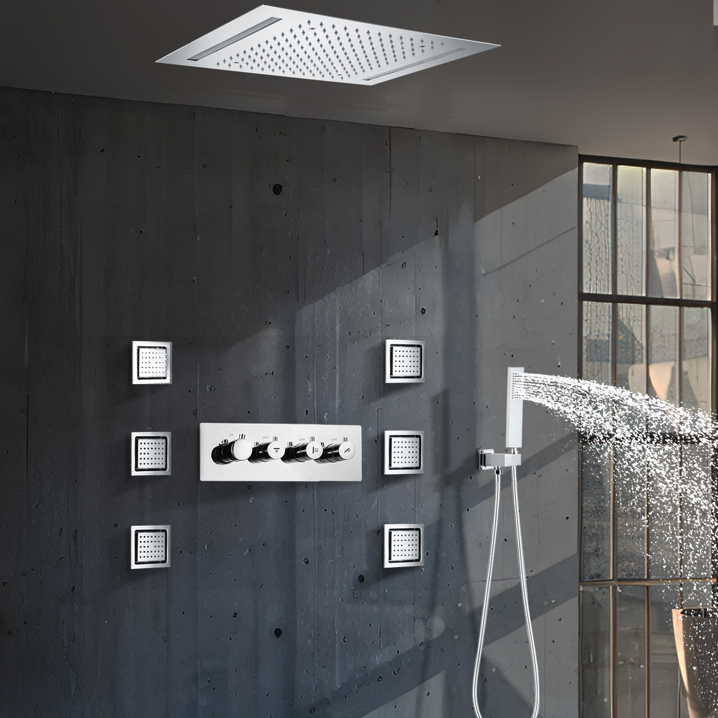 Chrome -plated 50x36cm Ceiling Installation LED Square Heating Valve Rainfall Shower Water Faucet System