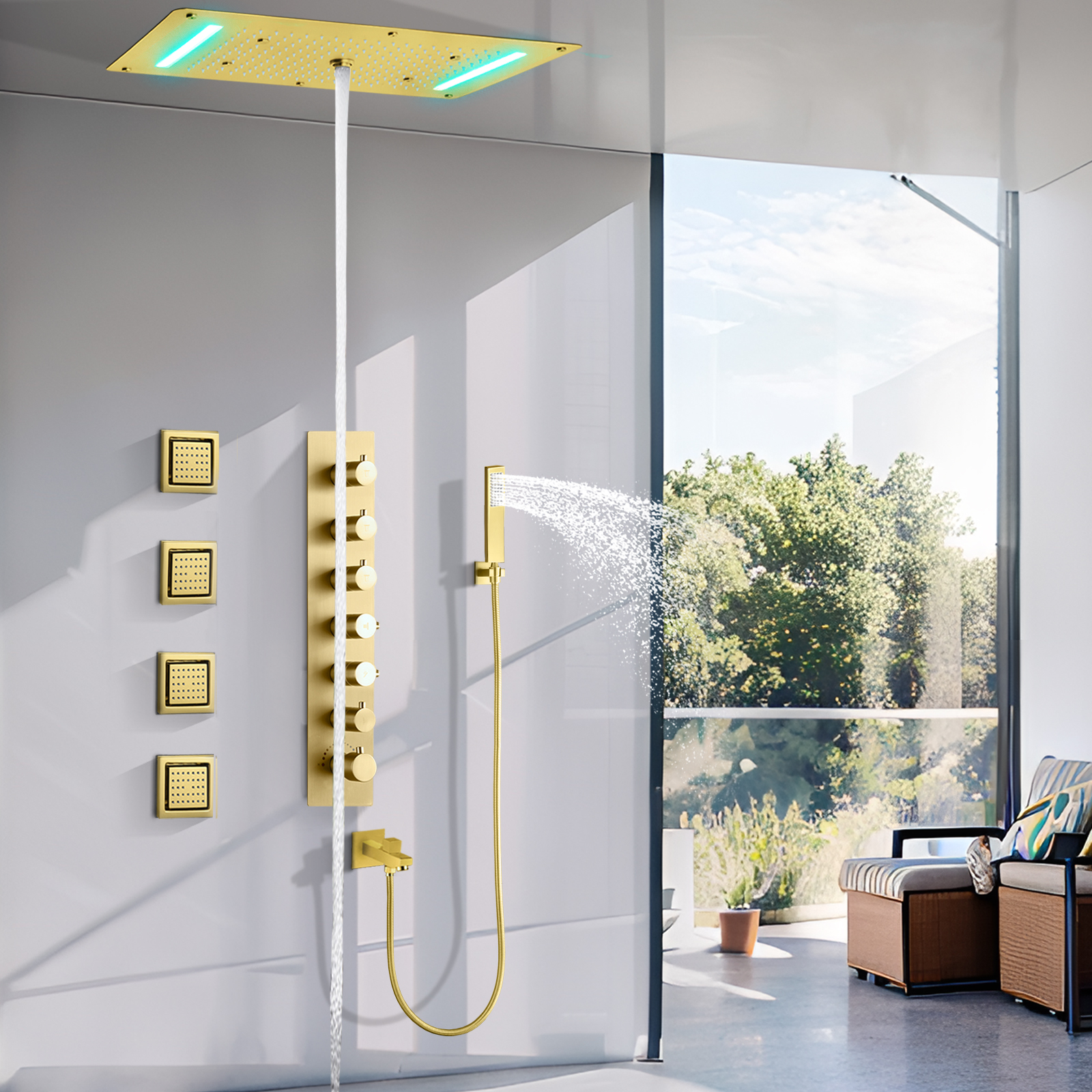 70x38cm Brushed Gold Shower Suite Hanging Blender Hidden LED Shower Room Bathroom Water Faucet Massage System