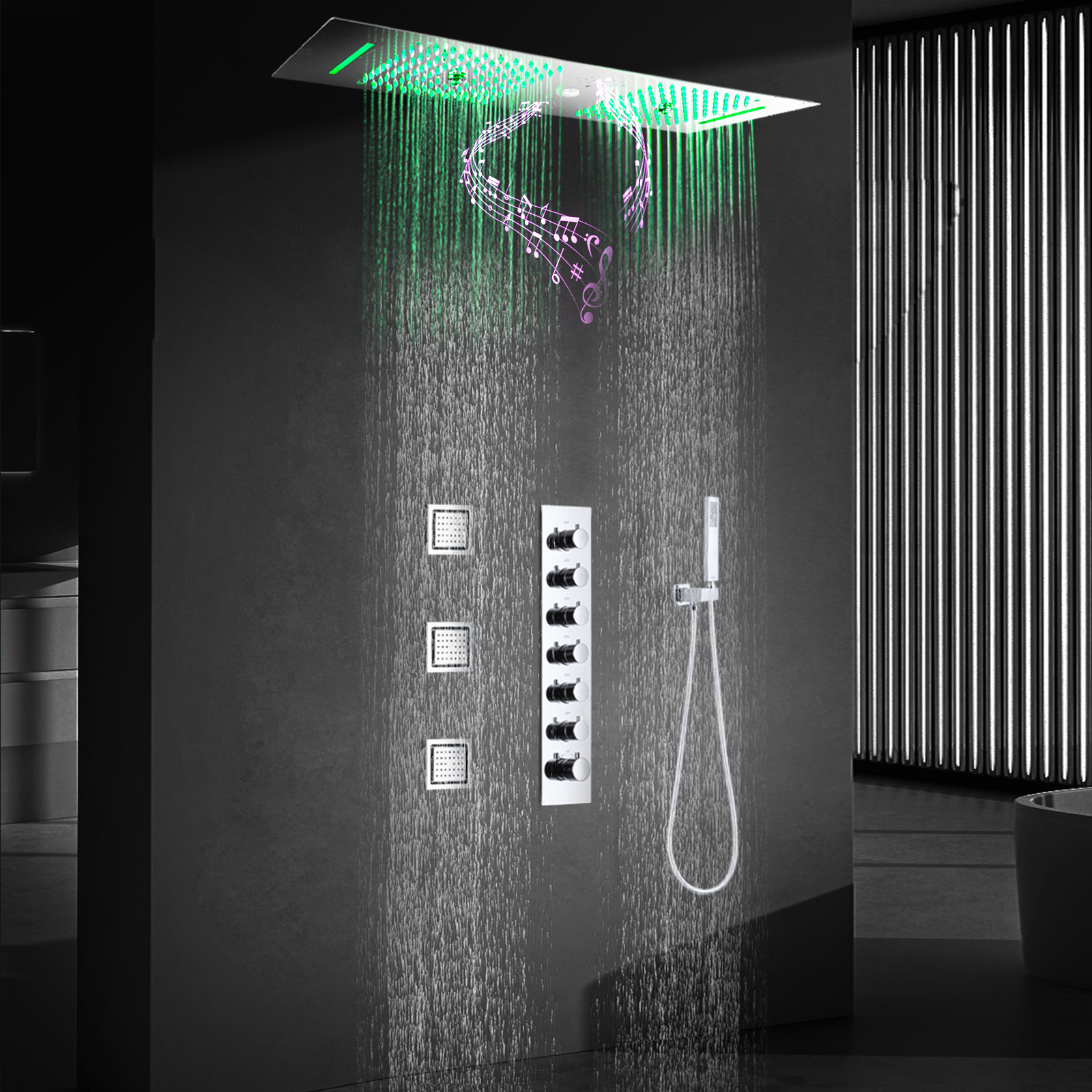 LED Chrome Polished Shower Head with Rainfall Faucet Nozzle Ceiling Recessed Bathroom Thermostatic Shower Faucet Set